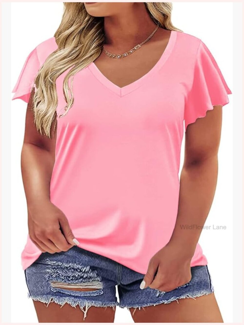 Plus Size Ruffle Sleeve V Neck Tunic Top Summer Casual Blouse